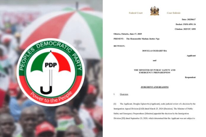 Logo of PDP and First page of Canada court verdict
