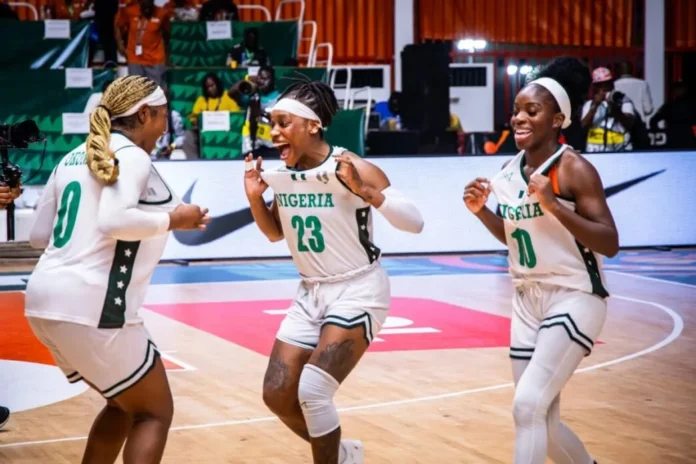 D'Tigress celebrating their victory over Cameroon at 2025 Afrobasket | Photo Credit: FIBA