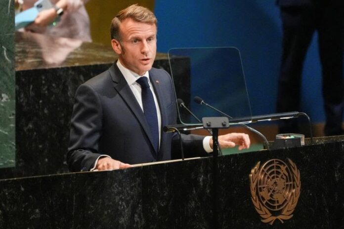 French President Emmanuel Macron addresses delegates during a high-level meeting of heads of state on a two-state solution between Israel and the Palestinians at United Nations headquarters in New York City on September 22, 2025. [Eduardo Munoz/Reuters]