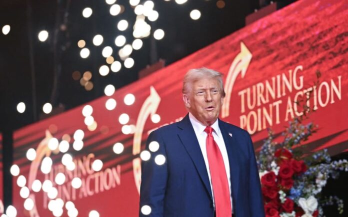 US President Donald Trump arrives to speak at the public memorial service for right-wing activist Charlie Kirk at State Farm Stadium in Glendale, Arizona.. Photo: AFP / Mandel Ngan