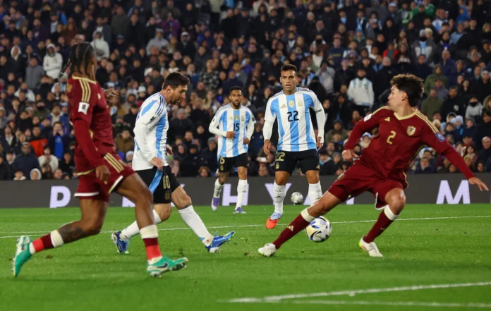 Soccer Football - World Cup - CONMEBOL Qualifiers - Argentina v Venezuela - Estadio Monumental, Buenos Aires, Argentina - September 4, 2025 Argentina's Lionel Messi scores their third goal REUTERS/Agustin Marcarian