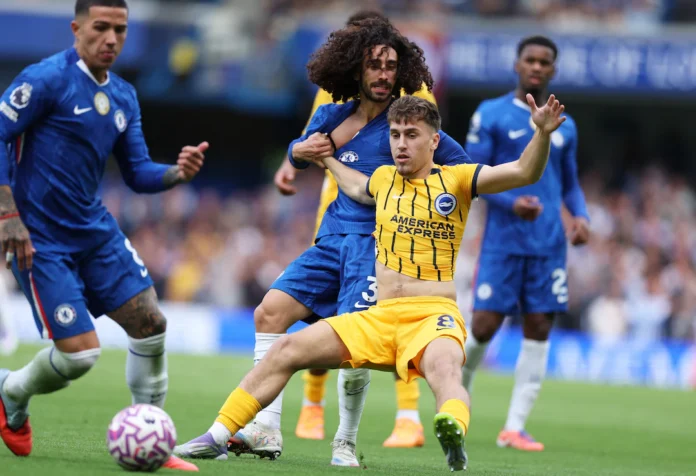 Soccer Football - Premier League - Chelsea v Brighton & Hove Albion - Stamford Bridge, London, Britain - September 27, 2025 Brighton & Hove Albion's Brajan Gruda in action with Chelsea's Marc Cucurella Action Images via Reuters/John Sibley