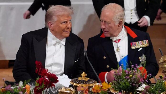 US President Donald Trump and Britain's King Charles III attend a state banquet at Windsor Castle. © Yui Mok / POOL/AFP