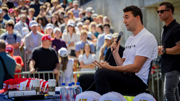 Charlie Kirk speaks before he is shot during an event at Utah Valley University in Orem, Utah. (AP)