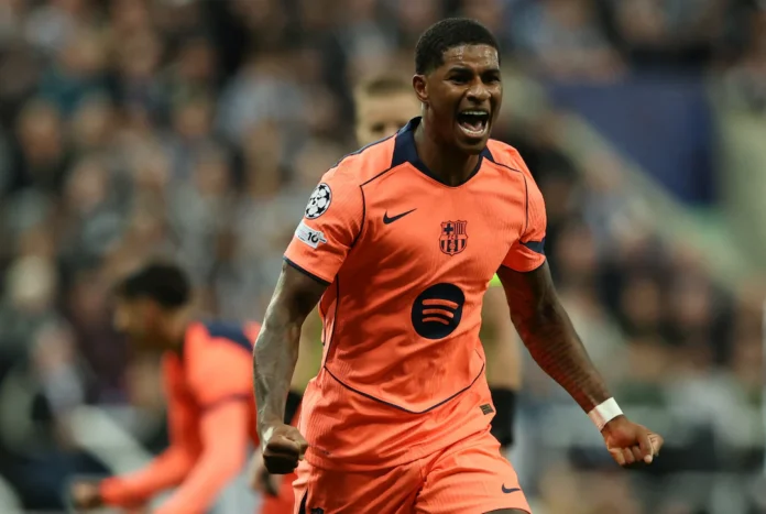 Soccer Football - UEFA Champions League - Newcastle United v FC Barcelona - St James' Park, Newcastle, Britain - September 18, 2025 FC Barcelona's Marcus Rashford celebrates scoring their first goal REUTERS/Scott Heppell