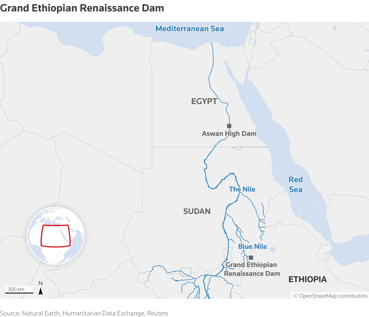 Map showing the Grand Ethiopian Renaissance Dam on the Blue Nile and down stream Nile states of Sudan and Egypt leading to the Mediterranean Sea