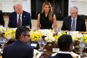 Sundar Pichai (L), CEO of Google, attends a dinner hosted by US President Donald Trump and First Lady Melania Trump for tech leaders at the White House in Washington, DC, on Sept. 4, 2025. (AFP)