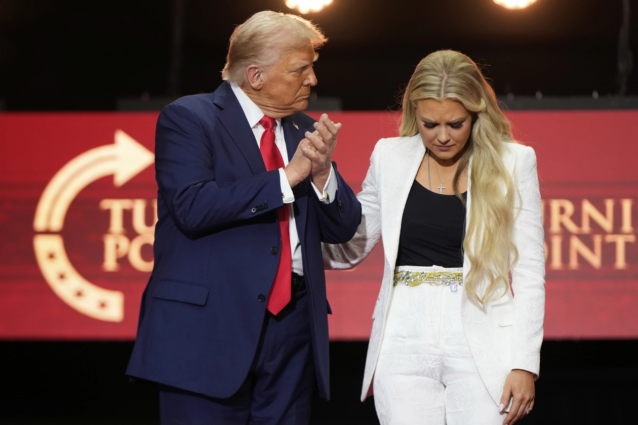 President Donald Trump stands with Erika Kirk at the conclusion of a memorial for her husband Sept. 21, 2025, in Glendale, Arizona. | Julia Demaree Nikhinson/AP