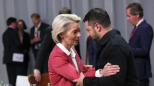 European Commission President Ursula von der Leyen speaks with Ukraine’s President Volodymyr Zelenskyy during the European Political Community summit, on October 2, 2025 in Copenhagen, Denmark.  Wpa Pool | Getty Images News | Getty Images