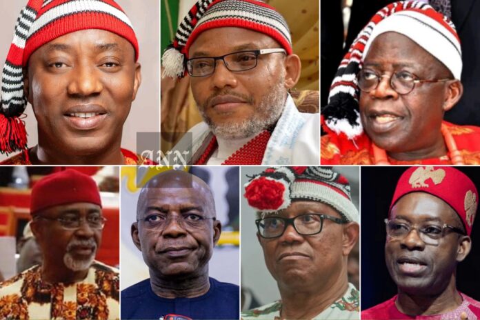 TOP from left: Sowore, Kanu, President Tinubu | DOWN from left: Enyi Abaribe, Gov Otti, Peter Obi, Gov Soludo