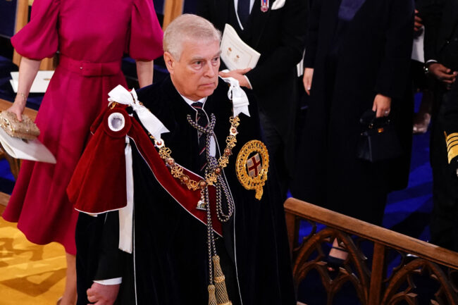 (FILES) Britain’s Prince Andrew, Duke of York leaves after attending the coronations of Britain’s King Charles III and Britain’s Camilla, Queen Consort, at Westminster Abbey in central London on May 6, 2023. (Photo by Yui Mok / POOL / AFP)