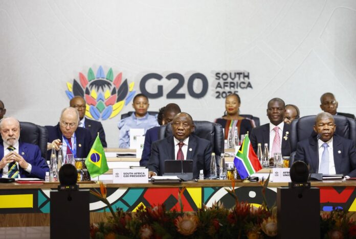 South African President Cyril Ramaphosa speaks alongside Brazil's President Luiz Inácio Lula da Silva and Chairperson of the African Union, João Lourenço at a plenary session on the opening day of the G20 Summit in Johannesburg, on 22 November 2025. (Photo: EPA/THOMAS MUKOYA / POOL)