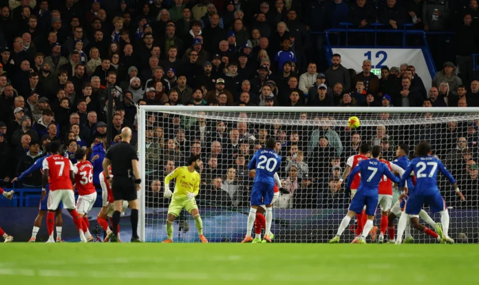 Soccer Football - Premier League - Chelsea v Arsenal - Stamford Bridge, London, Britain - November 30, 2025 Chelsea's Trevoh Chalobah scores their first goal Action Images via Reuters/Matthew Childs 