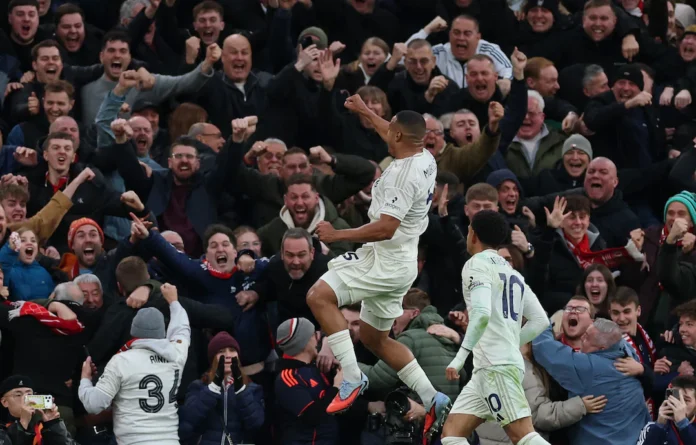 Soccer Football - Premier League - Liverpool v Nottingham Forest - Anfield, Liverpool, Britain - November 22, 2025 Nottingham Forest's Murillo celebrates scoring their first goal REUTERS/Phil Noble