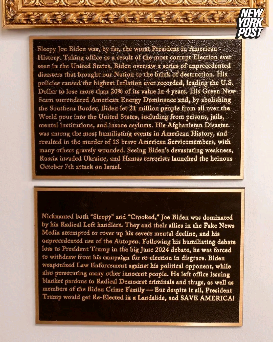 New plaques beneath the space for former President Joe Biden's portrait on the colonnade of the White House. New York Post