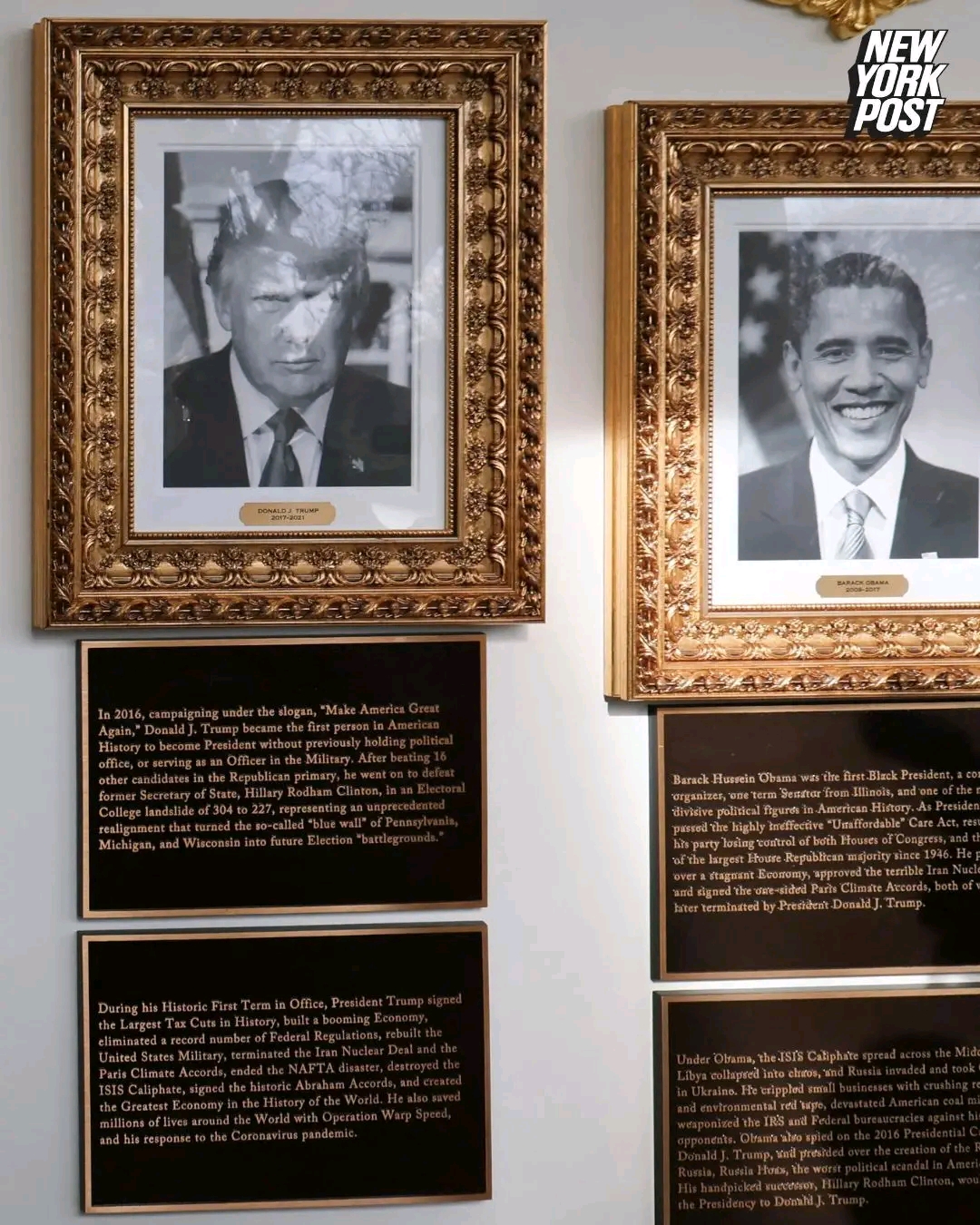 New plaques beneath the space for current President Trump and former President Obama's portrait on the colonnade of the White House. New York Post