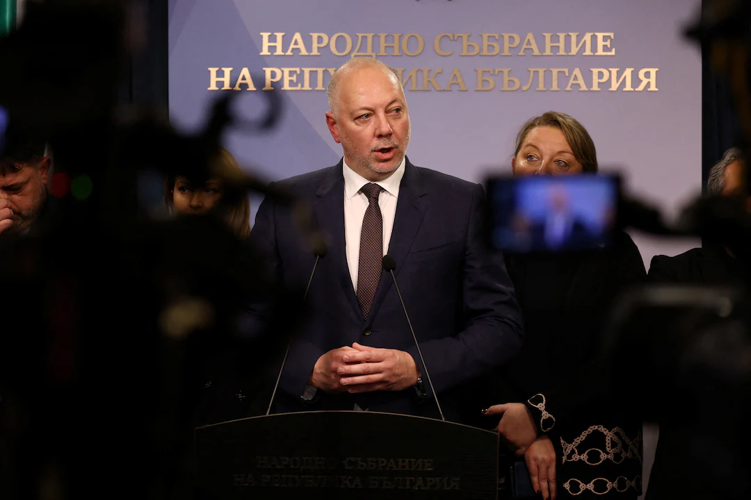 Bulgarian Prime Minister Rosen Zhelyazkov speaks to the media before announcing the resignation of his government, in Sofia, Bulgaria, December 11, 2025. REUTERS/Stoyan Nenov