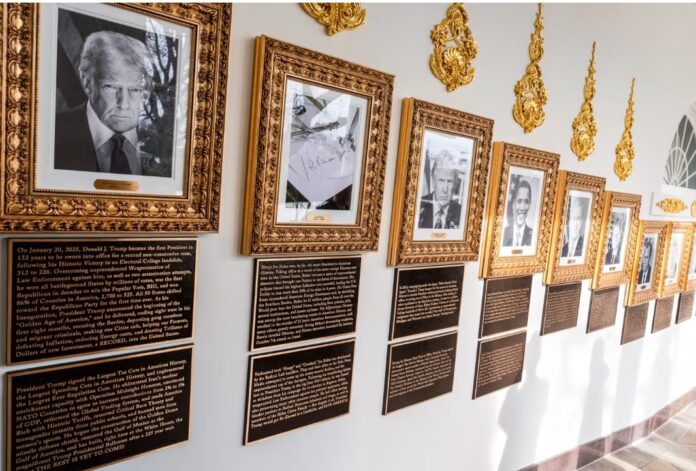 New plaques of explanatory text have been placed underneath presidential portraits on the Colonnade at the White House on Dec. 17, 2025.Alex Brandon / AP