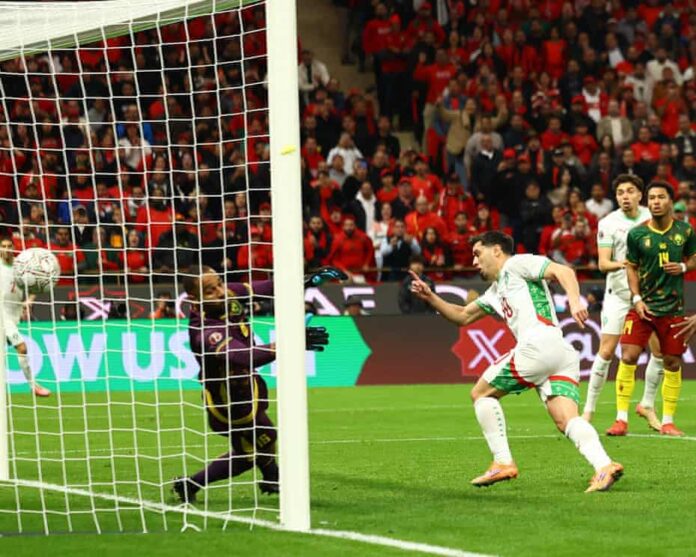 Brahim Díaz opens the scoring for Morocco against Cameroon in the Afcon quarter-finals. Photograph: Siphiwe Sibeko/Reuters