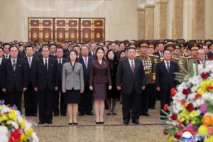 North Korean leader Kim Jong Un, his wife Ri Sol Ju and their daughter Kim Ju Ae visit the Kumsusan Palace of the Sun to mark the New Year, in Pyongyang, North Korea. (KCNA)