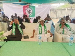 Labour Party’s Vice Presidential candidate in the 2023 election, Senator Datti Baba-Ahmed; LP National Chairman, Julius Abure and National Secretary, Umar Farouk at Wednesday’s rally in Abuja. Photo Credit: Adebayo Folorunsho-Francis