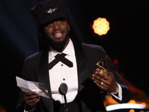US singer-songwriter Shaboozey accepts the Best Country Duo/Group Performance award for "Amen" during the 68th Annual Grammy Awards pre-telecast show at the Crypto.com Arena in Los Angeles on February 1, 2026.