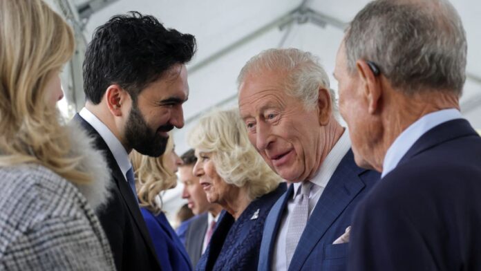 Britain's King Charles standing next to Queen Camilla interacts with New York City Mayor Zohran Mamdani during a visit to the 9/11 Memorial, in New York City, US, April 29, 2026.(photo credit: JEENAH MOON/REUTERS)