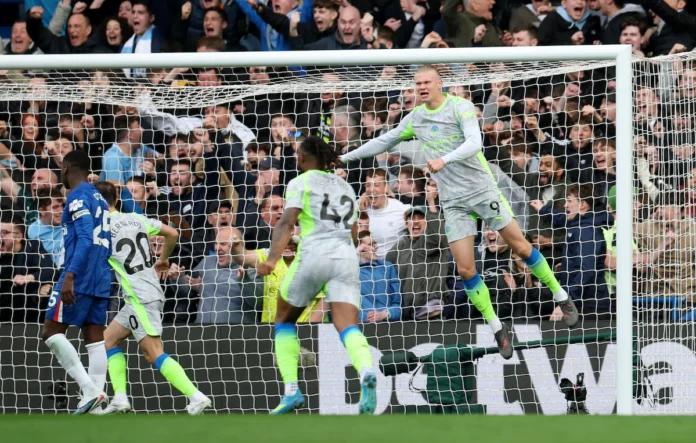 Soccer Football - Premier League - Chelsea v Manchester City - Stamford Bridge, London, Britain - April 12, 2026 Manchester City's Erling Haaland celebrates their first goal, scored by Nico O'Reilly REUTERS/Isabel Infantes 