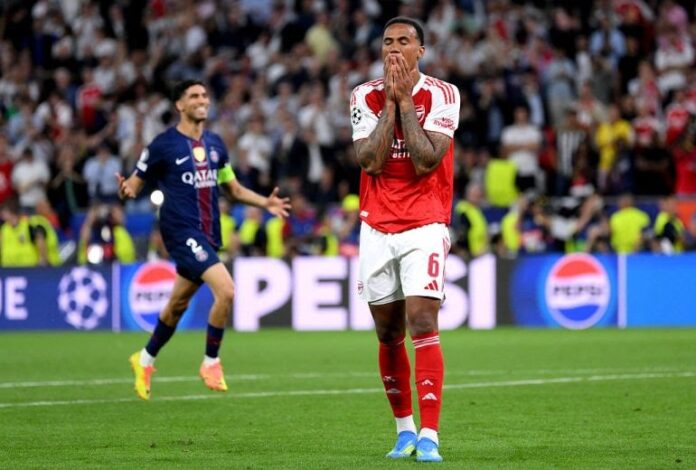 Gabriel of Arsenal reacts after missing the team’s fifth penalty in the penalty shoot out [David Ramos/Getty Images]