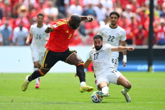 IMAGE: Belgium's Romelu Lukaku in action with Egypt's Mohanad Lashin during their FIFA World Cup Group G match at Seattle Stadium, Seattle, Washington, US on Monday. Photograph: Steven Bisig/IMAGN IMAGES via Reuters
