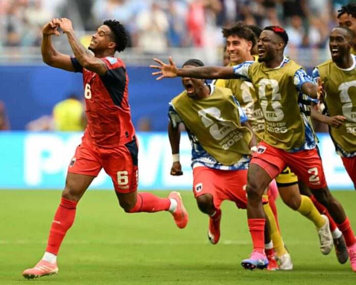 Kevin Pina celebrates after scoring Cape Verde's first World Cup goal in their Group H draw against Uruguay. Photograph: Chandan Khanna/AFP/Getty Images