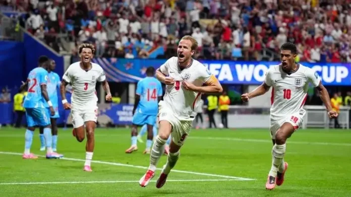 England captain, Harry Kane wild celebration as e score against DR Congo