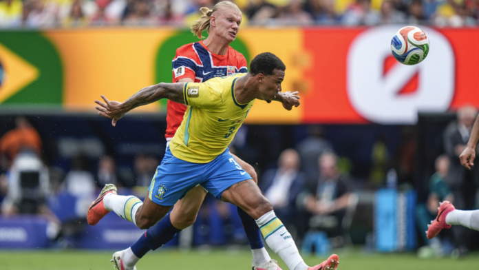 Erling Haaland celebrating a goal for Norway during the 2026 FIFA World Cup.