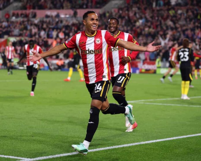 Fabio Carvalho of Brentford celebrates scoring his team’s third goal. Photograph: Alex Pantling/Getty Images