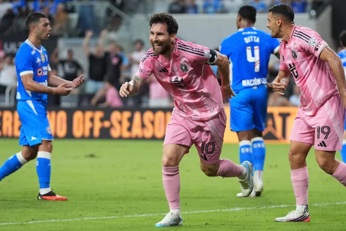 Inter Miami's Lionel Messi (10) celebrates after scoring a goal during the first half of the Campeones Cup soccer match against Cruz Azul, Wednesday, Sept. 16, 2026, in Miami. (AP Photo/Lynne Sladky)  (AP Photo/Lynne Sladky)