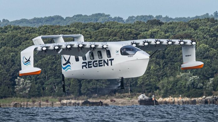 Regent Craft's electric wing-in-ground effect vessel prototype taking off on its first manned flightRegent Craft