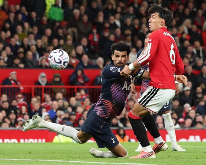 Dominic Solanke of Tottenham scores their equaliser. Photograph: Adam Vaughan/EPA