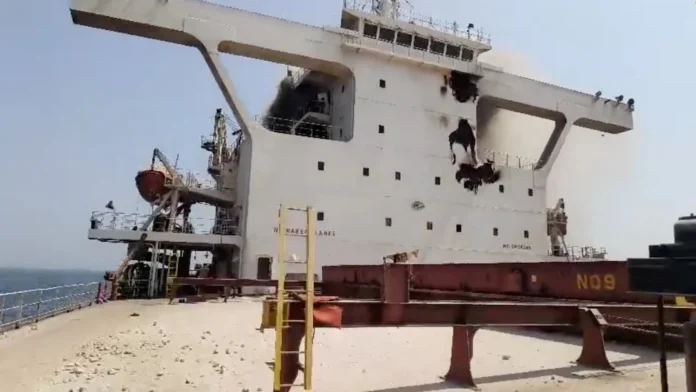 Damage on the superstructure while smoke rises from the bulk carrier vessel Cape Dao after an attack at sea September 23, 2026, in this screen grab obtained from a social media video. Social Media/via REUTERS